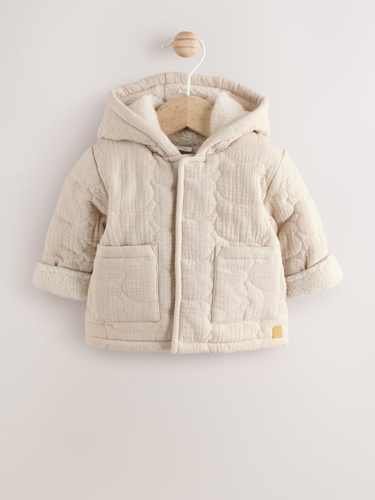 Ecru Bear Print Quilted Baby Zip Through Jacket