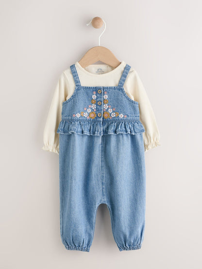Blue Embroidered Denim Baby Long Sleeve Bodysuit & Dungaree Set (0mths-2yrs)