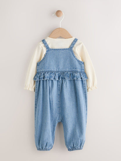 Blue Embroidered Denim Baby Long Sleeve Bodysuit & Dungaree Set (0mths-2yrs)