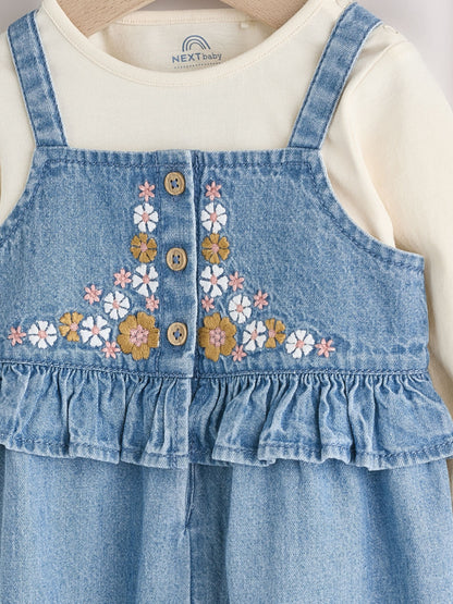 Blue Embroidered Denim Baby Long Sleeve Bodysuit & Dungaree Set (0mths-2yrs)