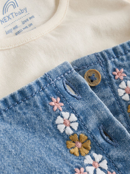 Blue Embroidered Denim Baby Long Sleeve Bodysuit & Dungaree Set (0mths-2yrs)