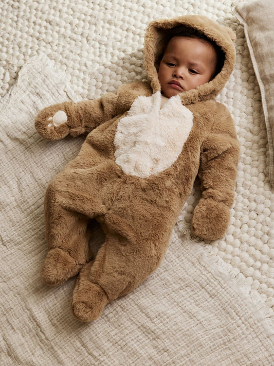 Brown Bear Faux Fur Hooded Baby Pramsuit