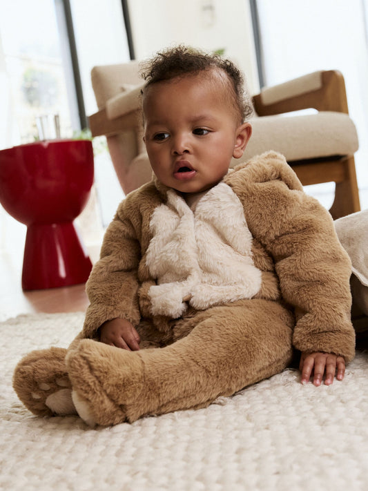 Brown Bear Faux Fur Hooded Baby Pramsuit