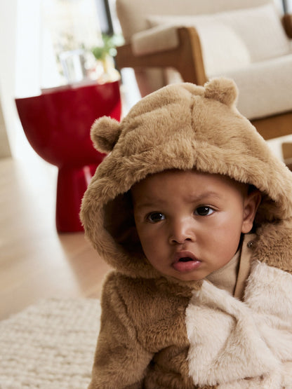 Brown Bear Faux Fur Hooded Baby Pramsuit