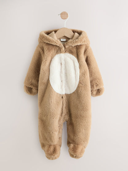 Brown Bear Faux Fur Hooded Baby Pramsuit