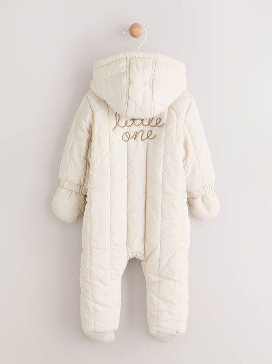 Ecru Little One Back Slogan Quilted Nylon Pramsuit