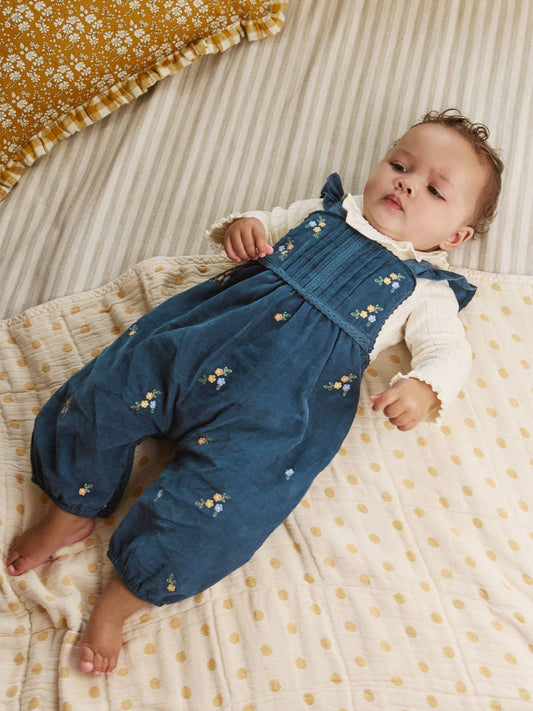 Navy Embroidered Baby Print Long Sleeve Bodysuit and Cord Dungarees Set 2 Piece (0mths-2yrs)