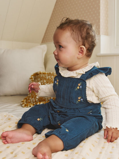 Navy Embroidered Baby Print Long Sleeve Bodysuit and Cord Dungarees Set 2 Piece (0mths-2yrs)
