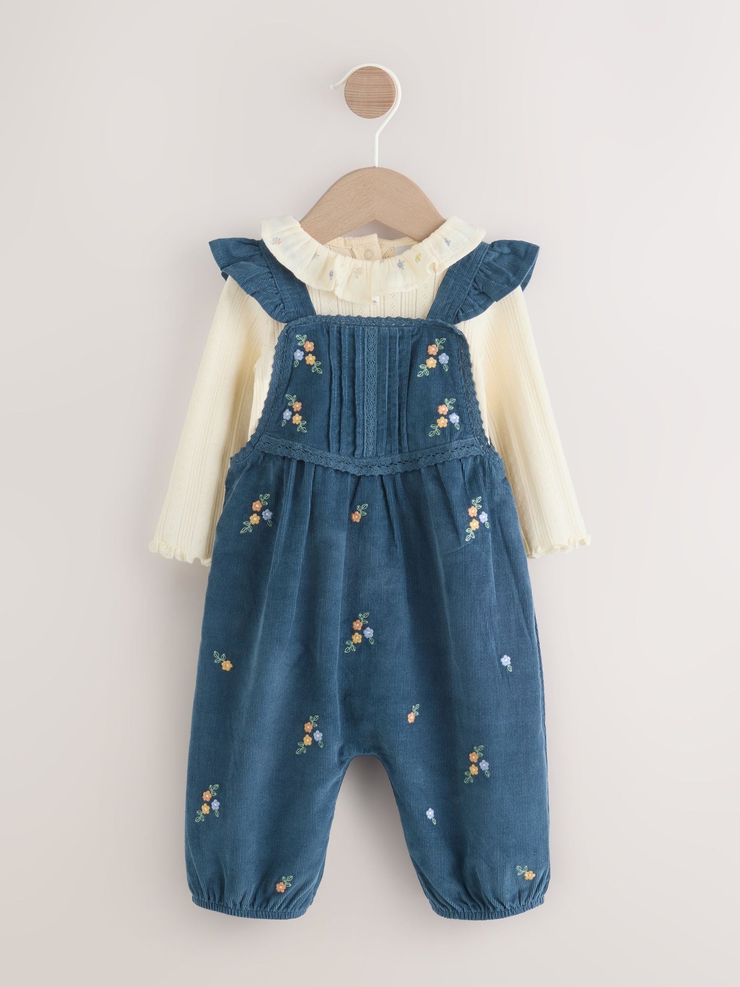 Navy Embroidered Baby Print Long Sleeve Bodysuit and Cord Dungarees Set 2 Piece (0mths-2yrs)