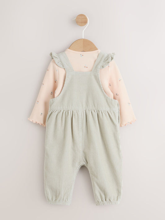Sage Green Baby Print Long Sleeve Bodysuit and Cord Dungarees Set 2 Piece (0mths-2yrs)