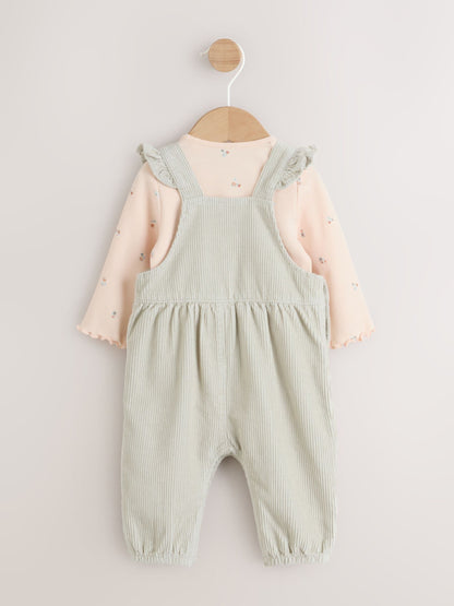 Sage Green Baby Print Long Sleeve Bodysuit and Cord Dungarees Set 2 Piece (0mths-2yrs)
