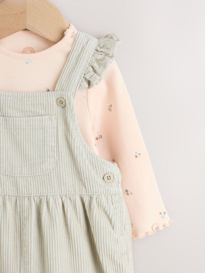 Sage Green Baby Print Long Sleeve Bodysuit and Cord Dungarees Set 2 Piece (0mths-2yrs)