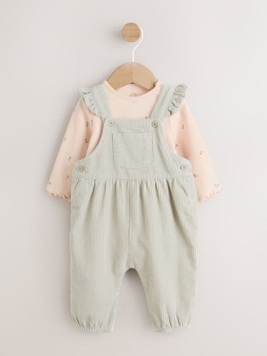 Sage Green Baby Print Long Sleeve Bodysuit and Cord Dungarees Set 2 Piece (0mths-2yrs) image 1