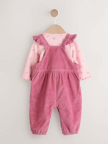 Pink Ditsy Baby Print Long Sleeve Bodysuit and Cord Dungarees Set 2 Piece (0mths-2yrs)