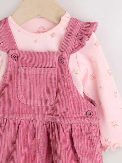 Pink Ditsy Baby Print Long Sleeve Bodysuit and Cord Dungarees Set 2 Piece (0mths-2yrs)