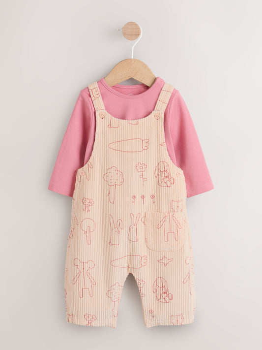 Cream / Pink Character Baby Dungaree and Bodysuit Two Piece Set (0mths-3yrs)