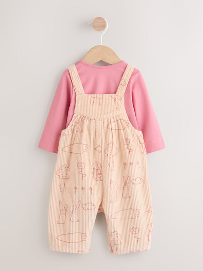 Cream / Pink Character Baby Dungaree and Bodysuit Two Piece Set (0mths-3yrs)