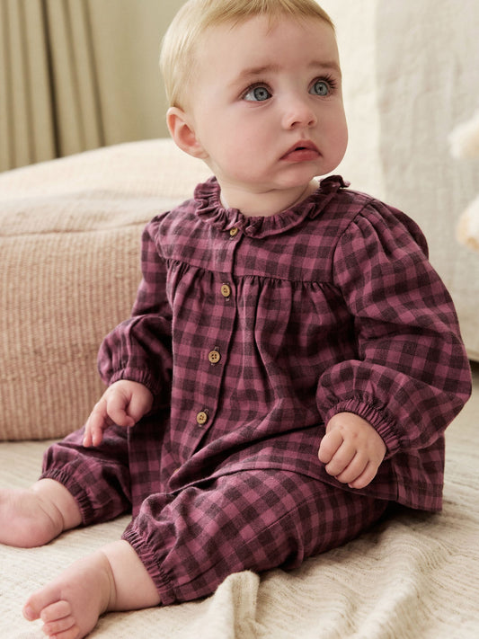 Purple Gingham Baby Woven Long Sleeve Tops and Trousers 2 Piece Set (0mths-2yrs) image 1