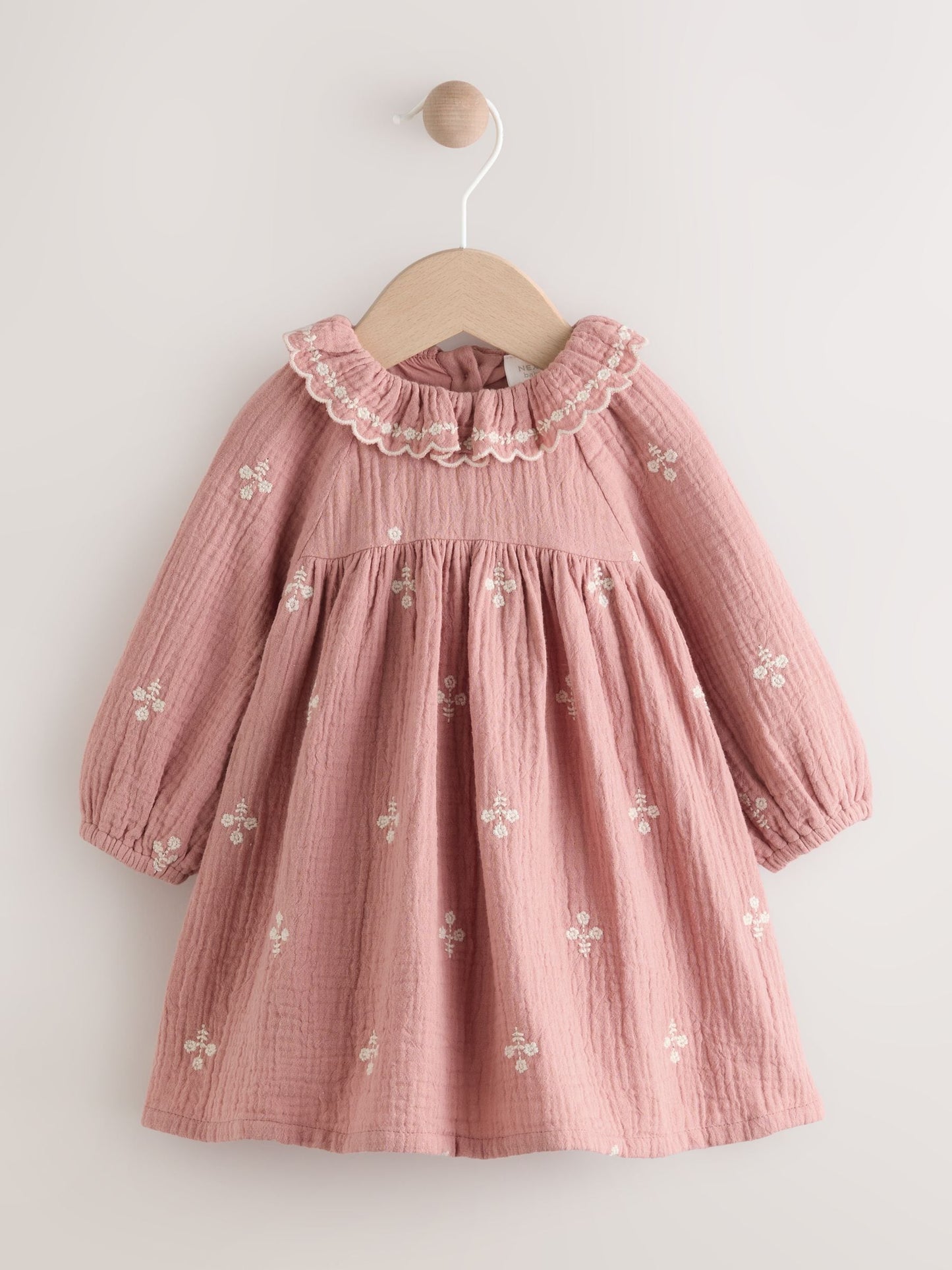 Pink Baby Embroidered Woven Long Sleeve Dress (0-18mths)