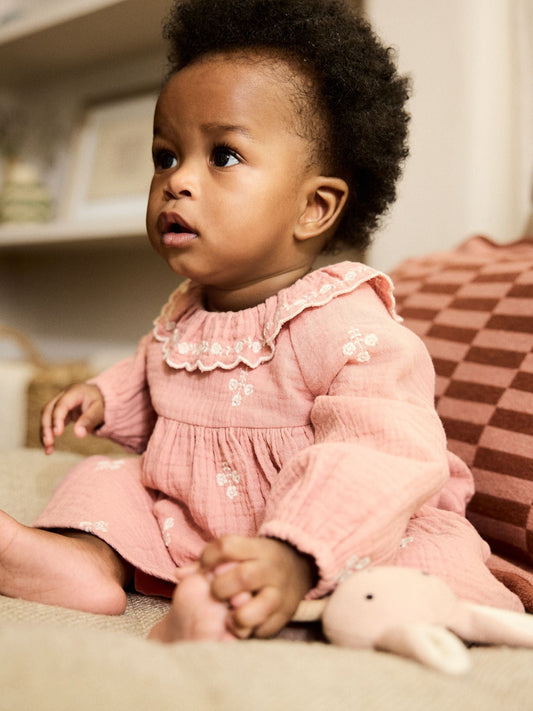 Pink Baby Embroidered Woven Long Sleeve Dress (0-18mths)
