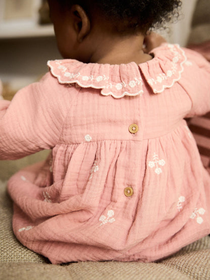 Pink Baby Embroidered Woven Long Sleeve Dress (0-18mths)