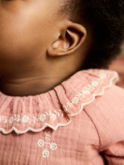 Pink Baby Embroidered Woven Long Sleeve Dress (0-18mths)