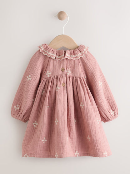 Pink Baby Embroidered Woven Long Sleeve Dress (0-18mths)