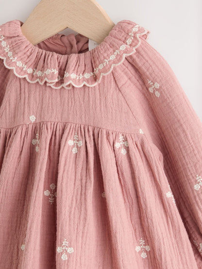 Pink Baby Embroidered Woven Long Sleeve Dress (0-18mths)