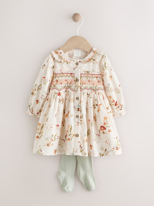 Cream Floral Print/Character Collar Baby Dress (0-18mths)