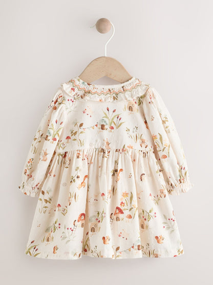 Cream Floral Print/Character Collar Baby Dress (0-18mths)