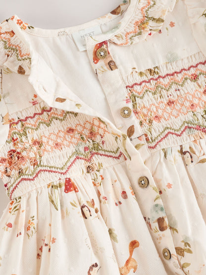 Cream Floral Print/Character Collar Baby Dress (0-18mths)