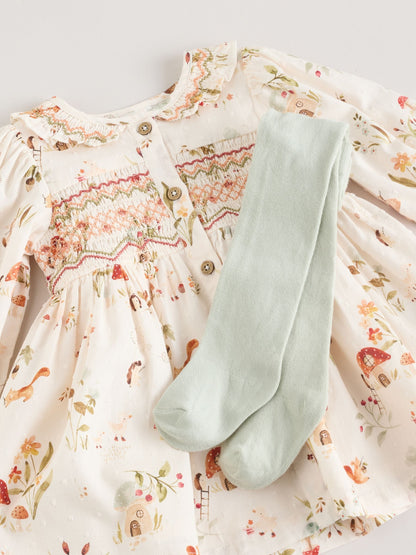 Cream Floral Print/Character Collar Baby Dress (0-18mths)