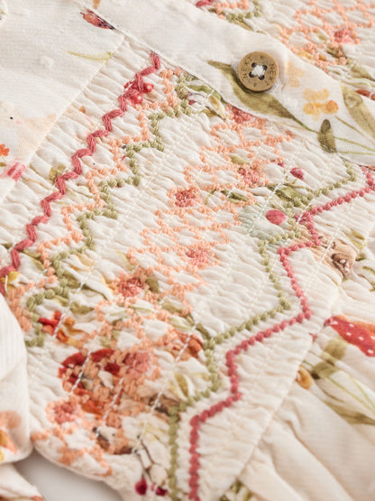 Cream Floral Print/Character Collar Baby Dress (0-18mths)