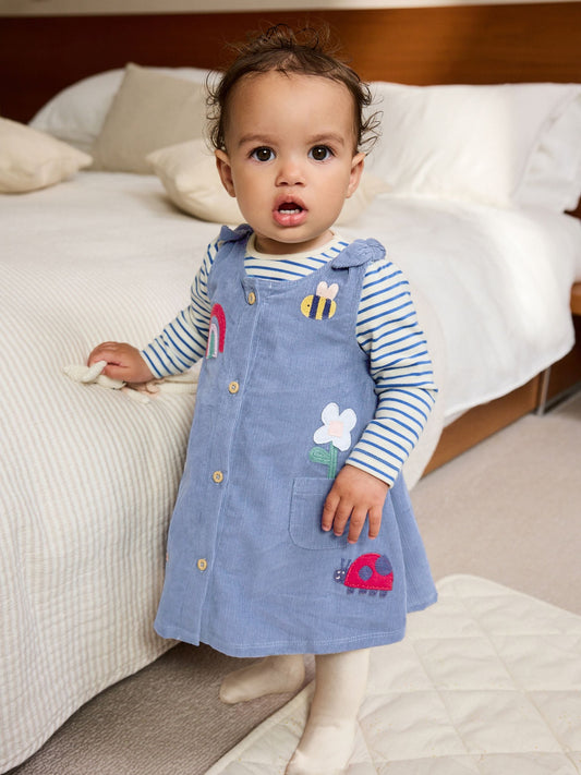 Blue Character Baby Cord Long Sleeve Bodysuit and Pinafore Dress with Tights Set (0mths-2yrs)