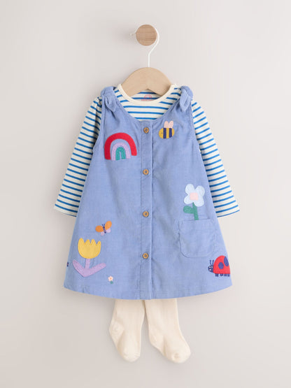 Blue Character Baby Cord Long Sleeve Bodysuit and Pinafore Dress with Tights Set (0mths-2yrs)