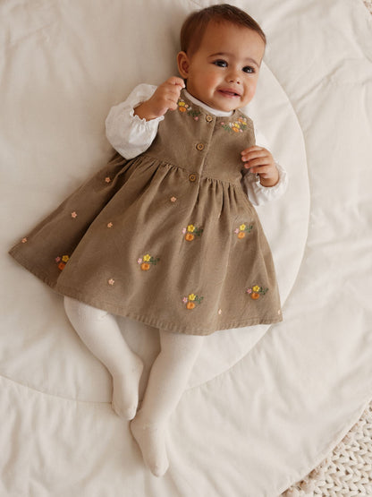 Olive Green Embroidered Baby Cord Pinafore Long Sleeve Bodysuit & Tights Set (0mths-2yrs)