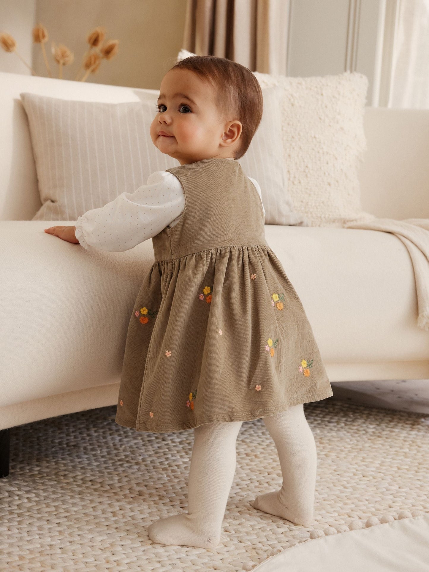 Olive Green Embroidered Baby Cord Pinafore Long Sleeve Bodysuit & Tights Set (0mths-2yrs)