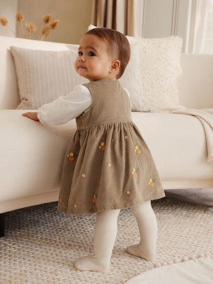 Olive Green Embroidered Baby Cord Pinafore Long Sleeve Bodysuit & Tights Set (0mths-2yrs)