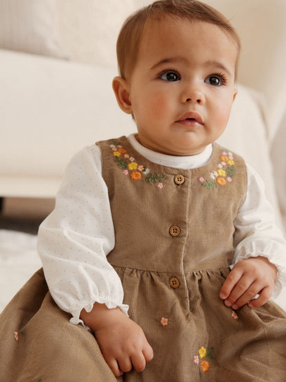 Olive Green Embroidered Baby Cord Pinafore Long Sleeve Bodysuit & Tights Set (0mths-2yrs)