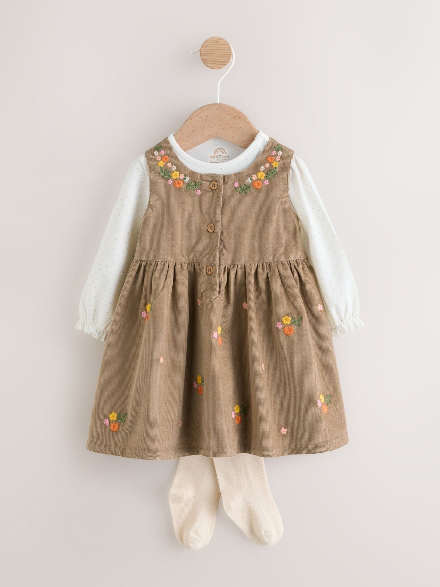 Olive Green Embroidered Baby Cord Pinafore Long Sleeve Bodysuit & Tights Set (0mths-2yrs)