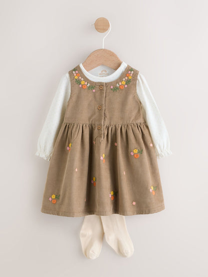 Olive Green Embroidered Baby Cord Pinafore Long Sleeve Bodysuit & Tights Set (0mths-2yrs)