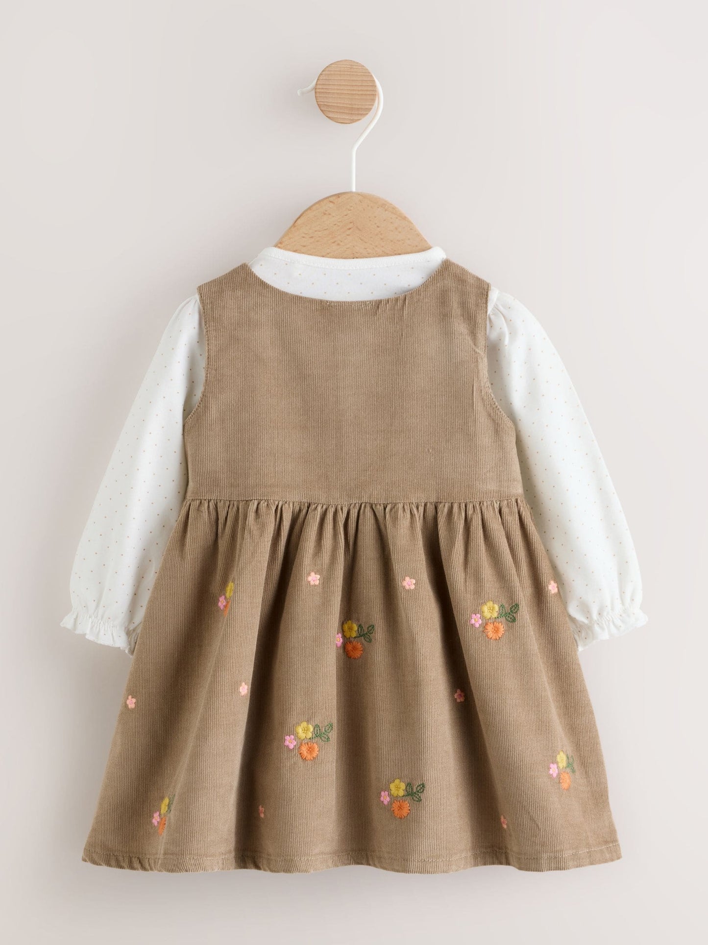 Olive Green Embroidered Baby Cord Pinafore Long Sleeve Bodysuit & Tights Set (0mths-2yrs)