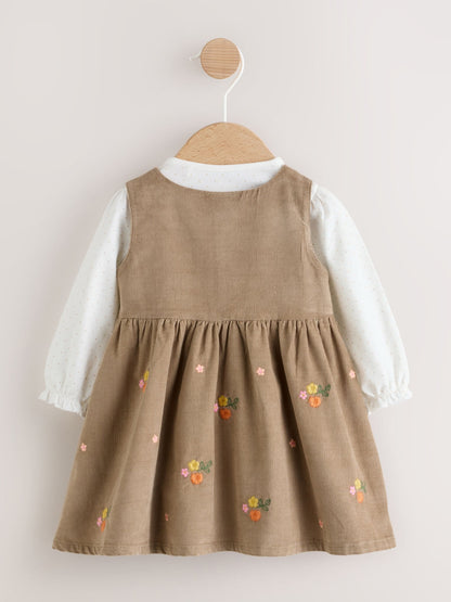 Olive Green Embroidered Baby Cord Pinafore Long Sleeve Bodysuit & Tights Set (0mths-2yrs)