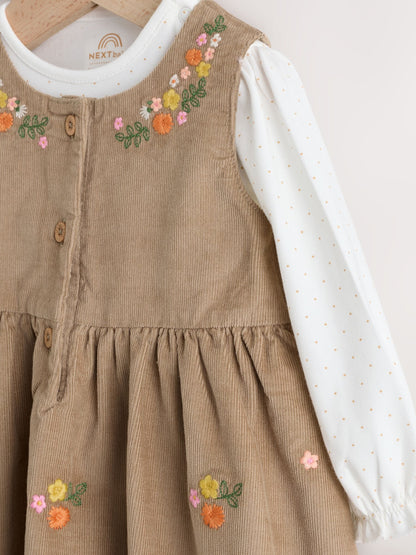 Olive Green Embroidered Baby Cord Pinafore Long Sleeve Bodysuit & Tights Set (0mths-2yrs)