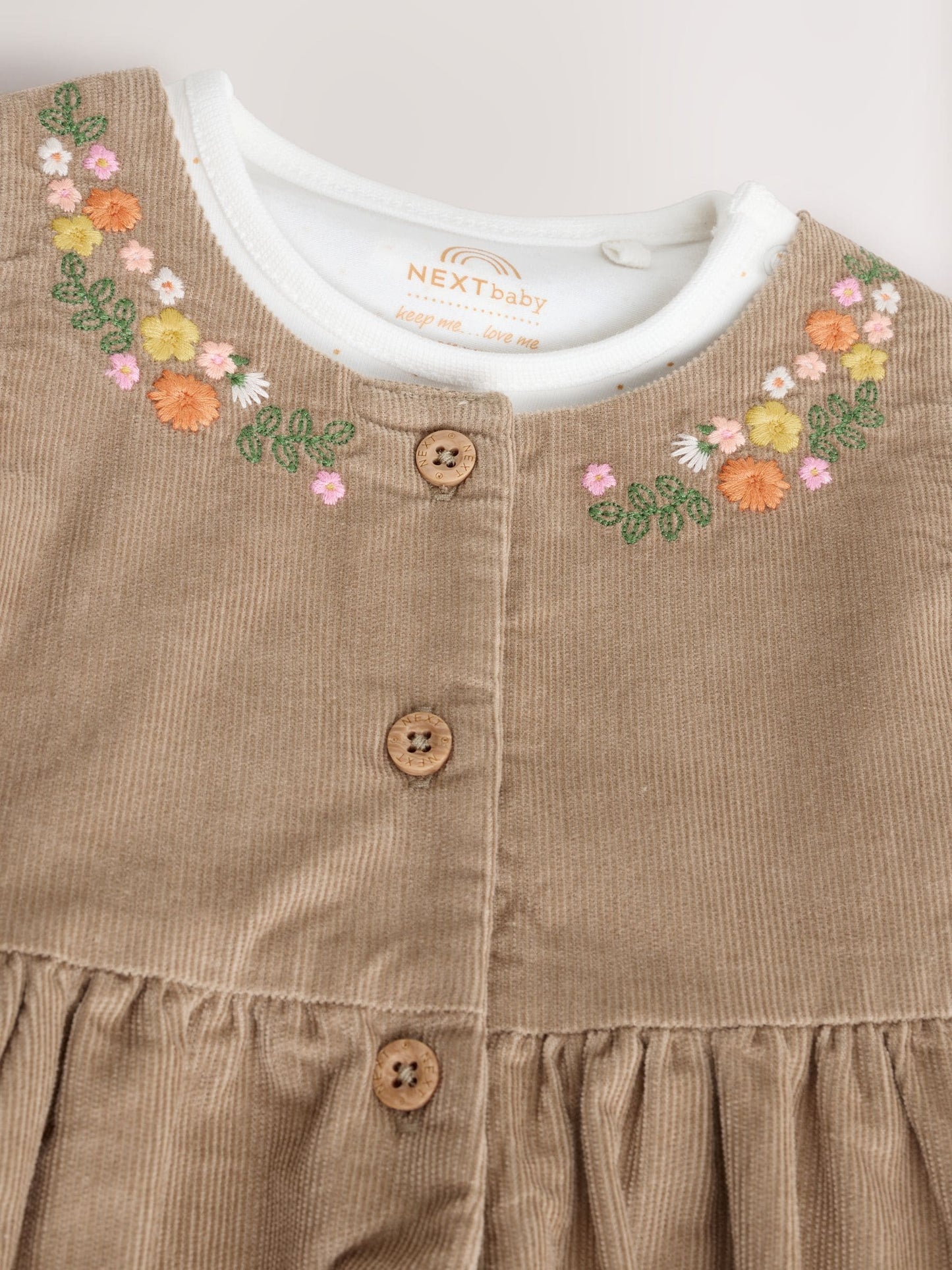 Olive Green Embroidered Baby Cord Pinafore Long Sleeve Bodysuit & Tights Set (0mths-2yrs)