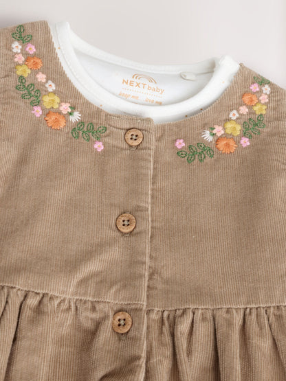 Olive Green Embroidered Baby Cord Pinafore Long Sleeve Bodysuit & Tights Set (0mths-2yrs)