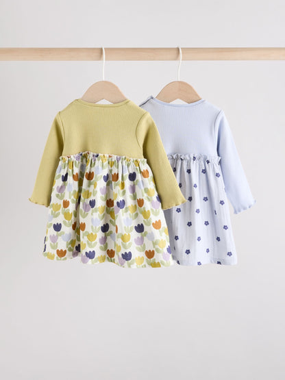Blue/Green Flower Baby Jersey Dresses 2 Pack (0mths-2yrs)