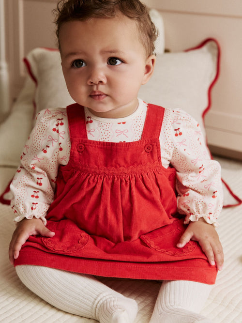 Dsiney Kidz - Red Bow Baby Cord Pinafore Long Sleeve Bodysuit & Tights Set (0mths-2yrs) image 1