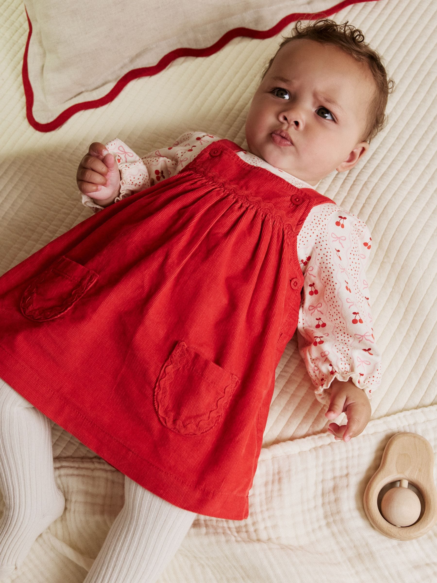Red Bow Baby Cord Pinafore Long Sleeve Bodysuit & Tights Set (0mths-2yrs) image 2