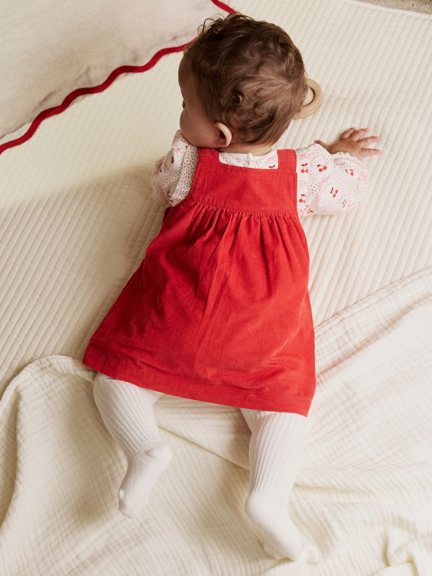 Red Bow Baby Cord Pinafore Long Sleeve Bodysuit & Tights Set (0mths-2yrs) image 3